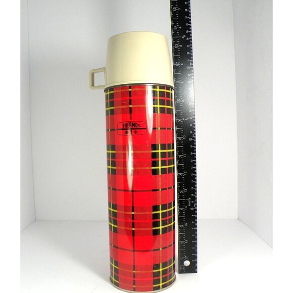 Vintage King Sealy Thermos Red Plaid Metal Vacuum Bottle With Cream Cap & Handle - Picture 6 of 7